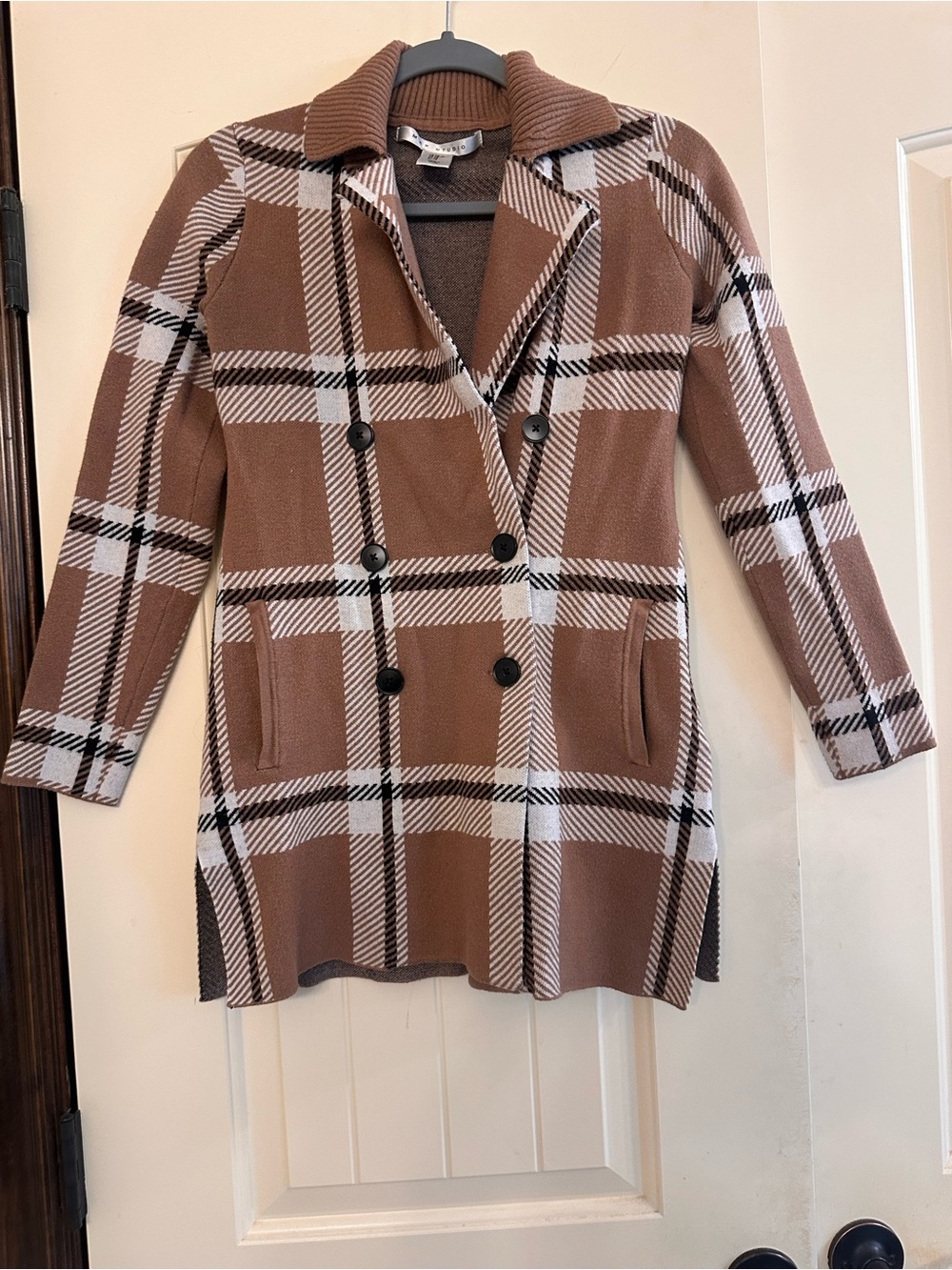 Women’s Double-Breasted Plaid Coatigan - Brown Plaid